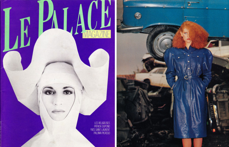À gauche, Le Palace Magazine, n° 12, 1982. À droite,  robe en cuir très épaulée, de Claude Montana, collection « Prêt-à-porter printemps-été 1979 .»