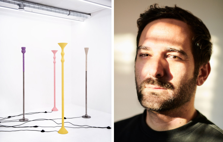 A gauche, luminaires Apertura, à droite, portrait de Rodolphe Parente.
