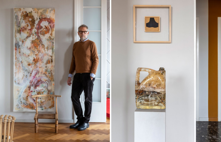 Portrait de l’architecte Luciano Giorgi, qui signe l’aménagement de l’appartement. Il pose près d’une œuvre de Mimosa Echard, représentée par la galerie de Martina Simeti (à gauche).  Dans la salle à manger, vue détaillée sur une sculpture en résine de Mimosa Echard et, au-dessus, œuvre d’Alberto Burri, l’un de ses « Cellotex » (1985).