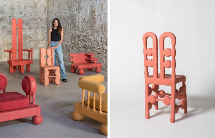 A gauche, la designeuse Polina Miliou présente ses fauteuils à la Carwan Gallery. A droite, détail du dos de la chaise Iris.