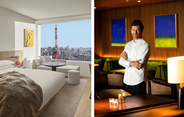A gauche : une chambre de ce nouvel hôtel de Tokyo. A droite : Tom Aikens prend la pose dans The Jade Room.