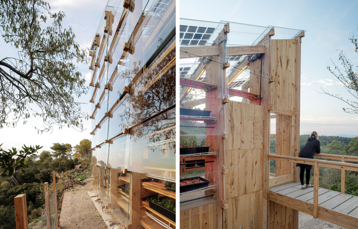En façade, des panneaux de verre permettent de profiter des apports solaires pour favoriser le développement des plantes.  En toiture, des panneaux solaires renforcent ce dispositif tout en façonnant la silhouette élancée du bâtiment.